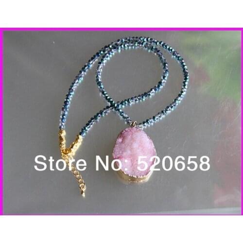 3pcs NEW style! freedom druzy stone generous blue bead link pink stone oval gold side charm necklace