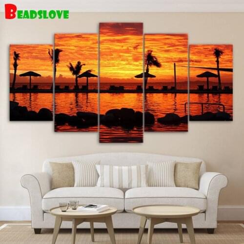 5pcs Diamond Painting Abstract Tropical Coast Sunset Landscape Diamond Cross Stitch Embroidery Full Round Square Drill Diamond