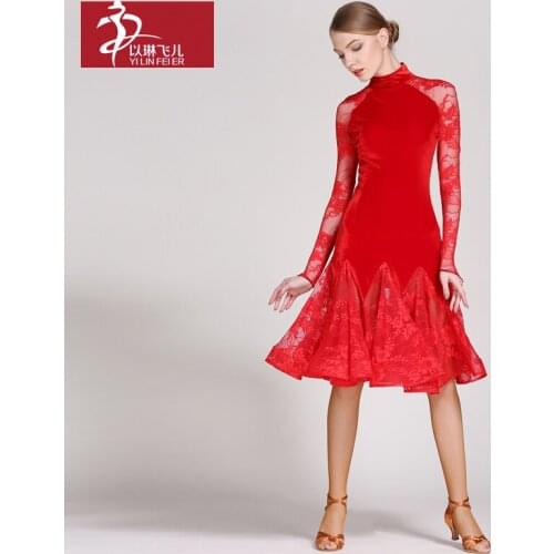 Velvet Bodice with Long Lace Sleeves Modern Dance Dress for Woman Rumba & Chacha Professional Costumes 3 Colors Available A0033