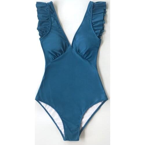 One Piece Swimsuits Women Swimwear Ruffles Solid Bodysuits Beachwear Deep V-Neck Bathing Swimming Suits For Woman Monokini XXL