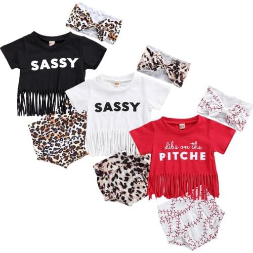 FOCUSNORM Newly Summer Kids Baby Girls Clothes Sets Letter Short Sleeve Tassel T Shirts Tops Leopard Shorts Headband