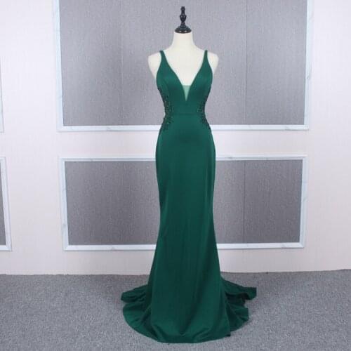 Emerald Green Dress Mermaid Deep V Neck Sleeveless Crystals Lace Appliques Sexy Cut Out Open Back Prom Party Gowns for Women
