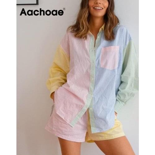Aachoae Womens Set Striped Print 2 Piece Sets Fashion Patchwork Batwing Sleeve Shirts High Elastic Waist Shorts Casual Outfit