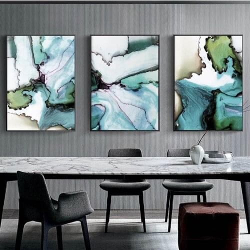 3 Pieces Ink Wash Wall Art Modern Canvas Painting Marble Green Poster Abstract Art Chinese Pictures For Living Room Decor