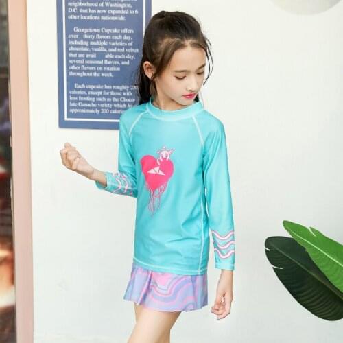 Girls Swimsuit UPF 50+ UV Two Piece Long Sleeve Swimwear Rash Guard Sets Kids 3-12 Years Blue Skirted Bathing Sun Suit Beachwear