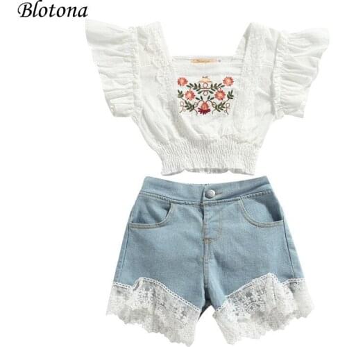 Blotona Summer Kids Girls Clothes Set, Floral Embroidery Flying Sleeve Square Collar Tops + Lace-joint Short Jeans, 3-8Years