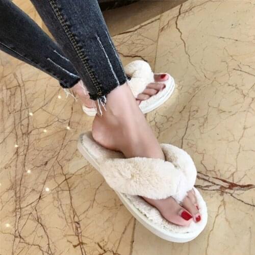 Fashion Women Home Slippers Faux Fur Warm Shoes Woman Slip on Flats Female Fur Flip Flops Pink Plus Size