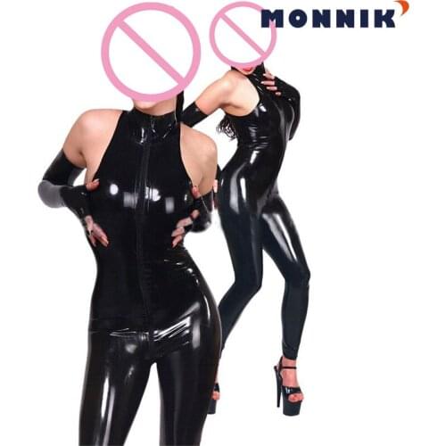 MONNIK latexSleeveless Latex Rubber Catwomen Bodysuit with Mask and Gloves Club Wear Catsuit