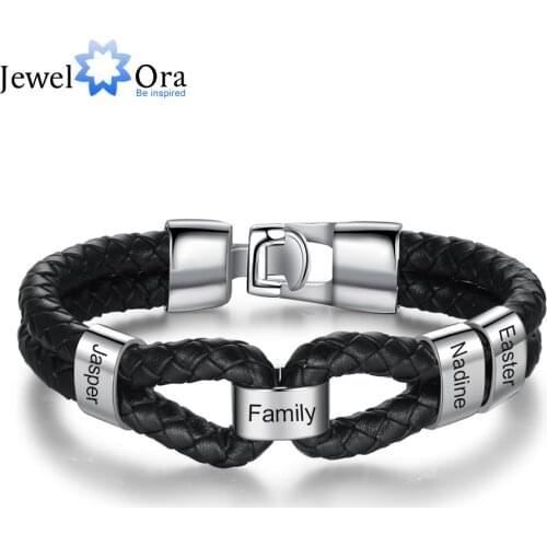 JewelOra Personalized Men Leather Bracelet with Custom Beads Stainless Steel Engraved Bracelets for Men Male Jewelry Gifts