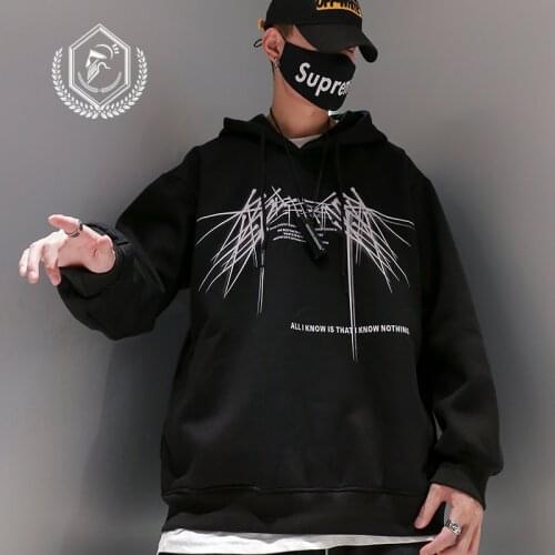 Men Fashion Loose Print Fleece Heavyweight Casual Pullover Hip Hop Sweatshirts with Hooded
