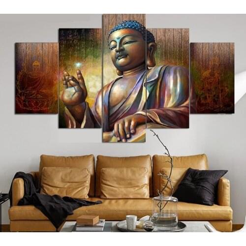 Wall For Living Room Nordic Decoration New Art Canvas Framework 5 Panel Buddha Painting Cuadros Posters