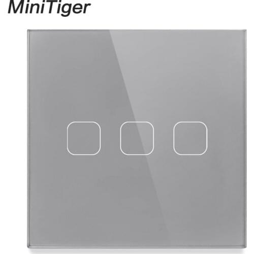 Minitiger EU Standard Wall Light Touch Switch 3 Gang 1 Way Control Touch Screen Switch, Gray Crystal Glass Panel, 220-250V
