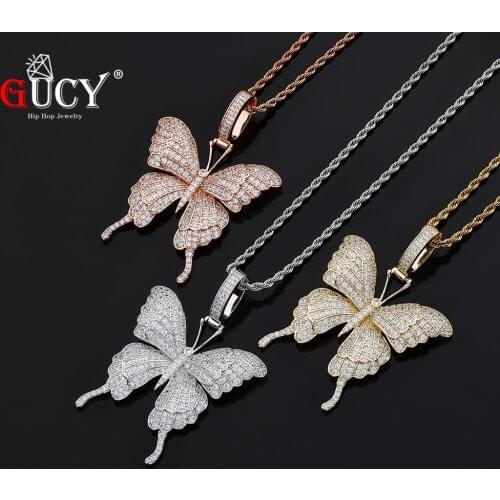 GUCY Animal Butterfly Pendant Necklace Charm Cuban Chain Gold Color Cubic Zircon Mens Hip Hop Rock Jewelry