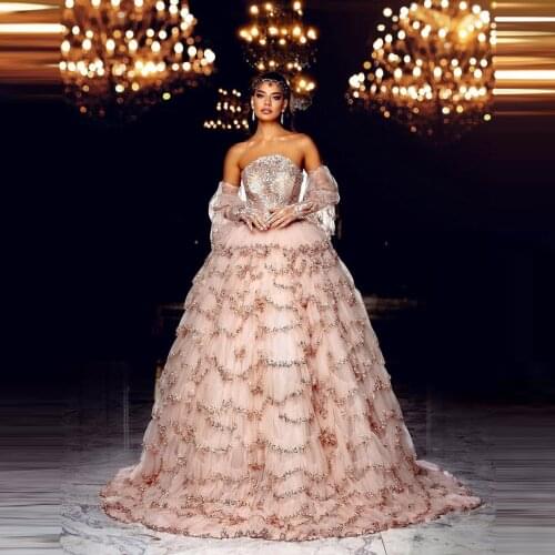 Luxury Ball Gown Arabic Prom Dresses Detachable Sleeves Ruffles Tiered Sequins Women Long Train Tulle Evening Gowns