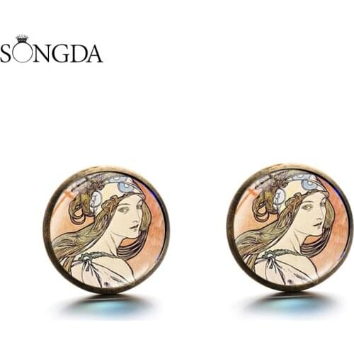 Retro Alphonse Mucha Art Painting Ear Stud Art Nouveau Style Four Seasons Beauty Stud Earring Handmade Glass Dome Jewelry