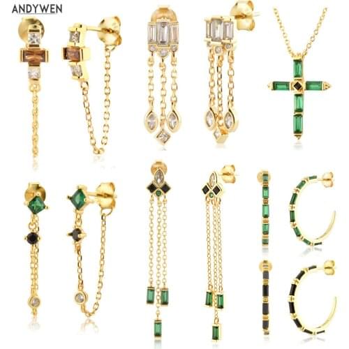 ANDYWEN 925 Sterling Silver Gold Green Black Zircon Chain Earring Piercing Necklace Ring Jewelry Set Anillo Fino Sabrina Zircon