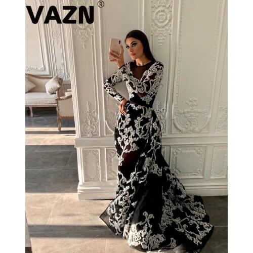 VAZN Age Reduction Geometric Elements Print Sashes Silk Dress 2020 Long Sleeve Night Shiny Dress Heavy Industry Dresses