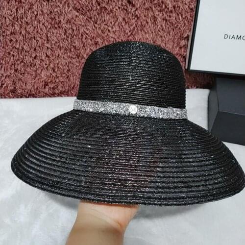 New women large wide brim bucket hat Rhinestone ribbon Letter fisherman cap Sun hat Panama gorros British girl straw hats