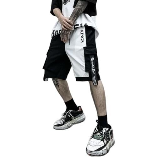 Men summer black white patchwork hip hop cargo shorts man multi pockets casual shorts streetwear short homme