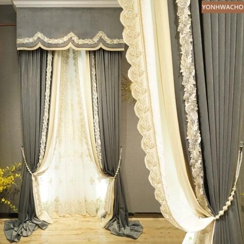 Custom curtain American embroidered luxury bedroom shading velvet grey thick cloth blackout curtain valance tulle panel C630