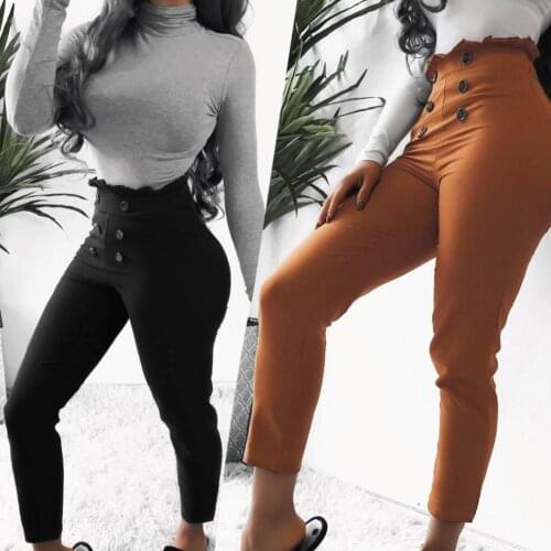 Women Solid Color Trousers Lace Button High Waist Slim Streetwear Tight Pants Trousers Casual Fitness Tracksuit High Hop Pant