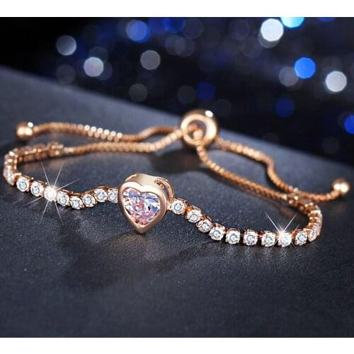 Clear Crystal Heart Charm Bracelet for Women Cubic Link Tennis Bracelets Men Adjustable Sparkling Bangle Fine Jewelry Lover Gift