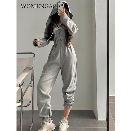 WOMENGAGA street fashion loose waist slim cross hooded Jumpsuit bandage Drawstring workout autumn winter Rompers kroean ZU91