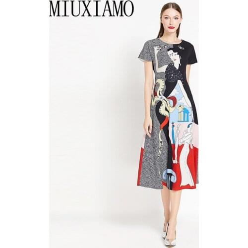 MIUXIAMO Europe Style 2019 Spring & Summer Newest Fashion O-Neck Short Sleeve A-Line Print Casual Elegant Mid-Calf Dress Women