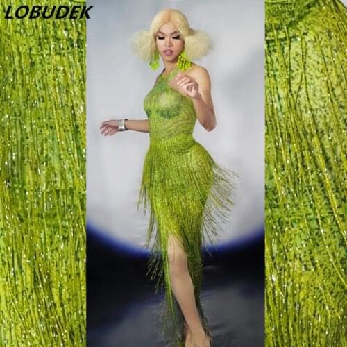 Grass Green Fringes Crystals Skinny Dress Sexy Women Slit To Thigh Long Dress Bar Party Nightclub Female Singer Stage Costume