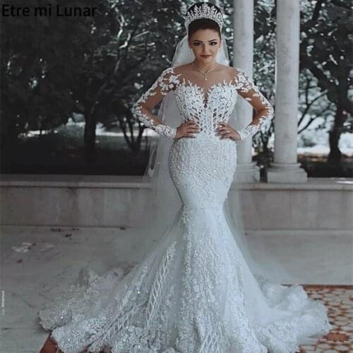 2020 Sexy Newest Mermaid Evening Dresses with V- Neck Long Sleeves Appliqued Pearls Sweep Train Scoop Neck Bridal Gown LE4010