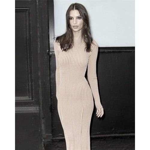 Khaki Grey Winter Fashion Long Sleeve Backless Skinny Midi Womens Dresses Evening Party Dress