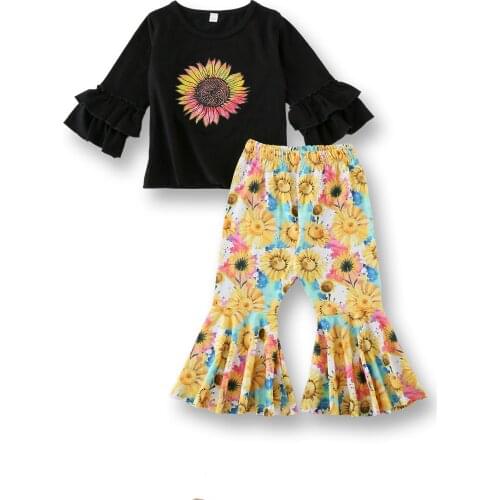 2021 Spring Kids Girl Clothes Flowers Printed Flare Sleeve T-shirt Pants 2pcs Set Fashion Children Girls Outfit