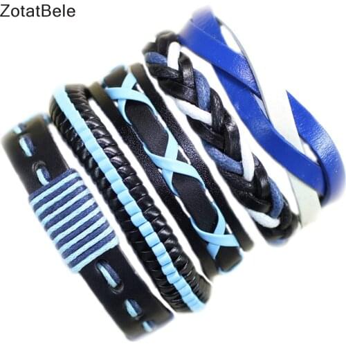 ZotatBele 5Pcs Handmade Blue Leather Bracelets Multilayer Braid Wrap Bangles Male Rope Chain Wholesale Men Jewelry F78