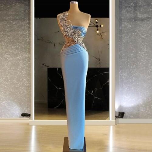 Robe De Soiree One Shoulder Prom Dresses Light Blue Sleeveless Beading Satin Mermaid Formal Dubai Evening Party Gown