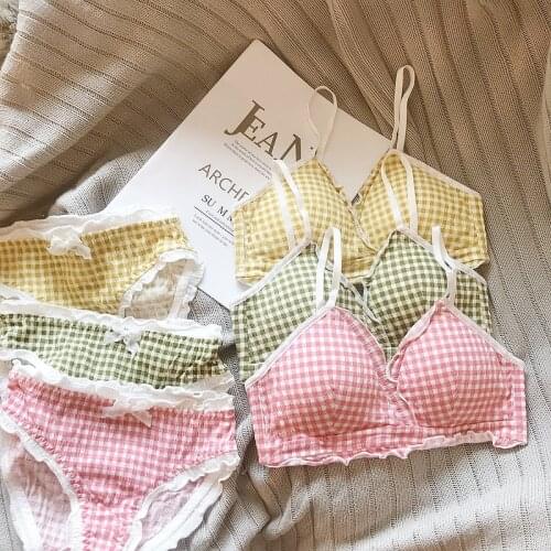 Wriufred Cute girl retro plaid niche comfort bra underpants set without steel ring women lingerie cotton small chest underwear