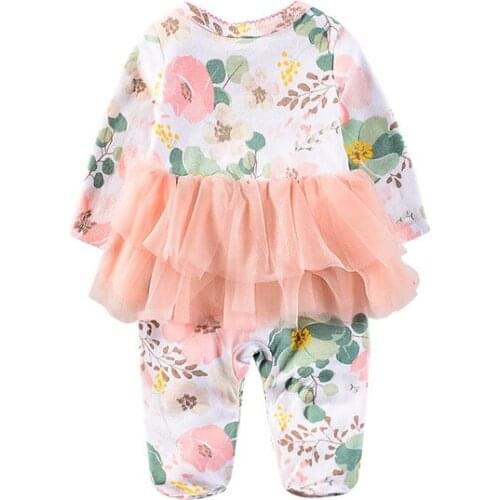 Spring Autumn Newborn Baby Rompers Fashion Flower Print Mesh Tutu One-Pieces Cotton Long Sleeves Girls Clothing Romper New