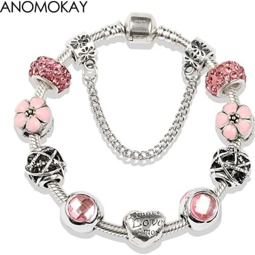2019 Hot Classic Pink Flower Crystal Enamel Charm Bracelet Bangle Women Fashion Birthday Gift Diy Bead Bracelet Jewelry
