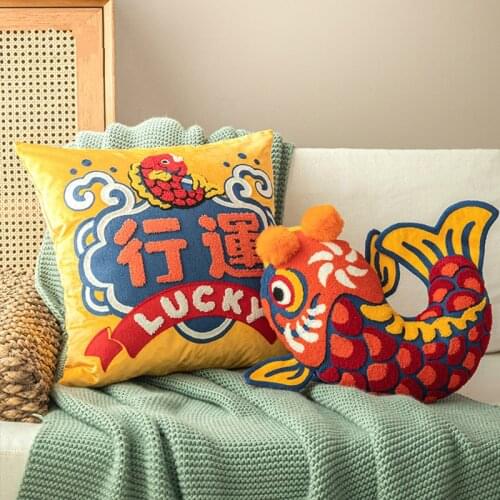 Cushion Cover Decorative Pillow Joy Chinese Traditional Lucky Fish Embroidery Cushion Cover Sofa Chair Bedding Coussin