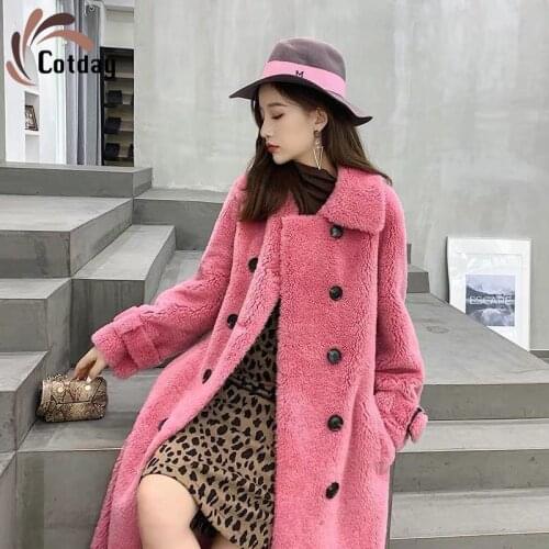 Cotday Pink 2021 New Sheep Shearer Leisure Women Double-breasted Belt Coat Female Long Grain Wool Coat Winter Warm Fur Coat