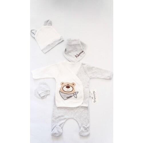 Newborn Essentials Bear Embroidery Baby Boy Clothe 5Pcs Set Soft 100% Cotton Baby Gift Layette Hospital Outfit Baby Set 0-3month