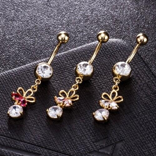 Bowknot style Stainless Steel Crystal Navel Button Piercings Gem Belly Bars Sexy Piercings Dangle Earring Piercing Jewelry