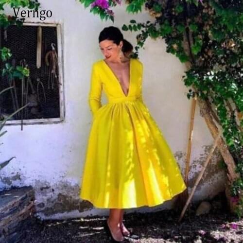Verngo Simple Bright Yellow Satin A Line Evening Party Dresses Long Sleeeves Deep V Neck Tea Length Prom Gowns With Pockets