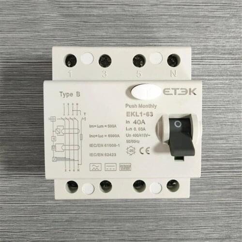 RCCB EKL1-63 415V 10KA 4 pole 30mA 40A Type B RCD Current breaker 63A B type RCCB for EV Charger Station