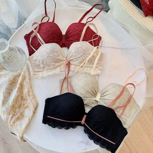 Roseheart Women Fashion Red Skin Sexy Lingerie Bralette Bow Lace Cotton Panties Wireless Bra Sets Underwear A B Female Bras