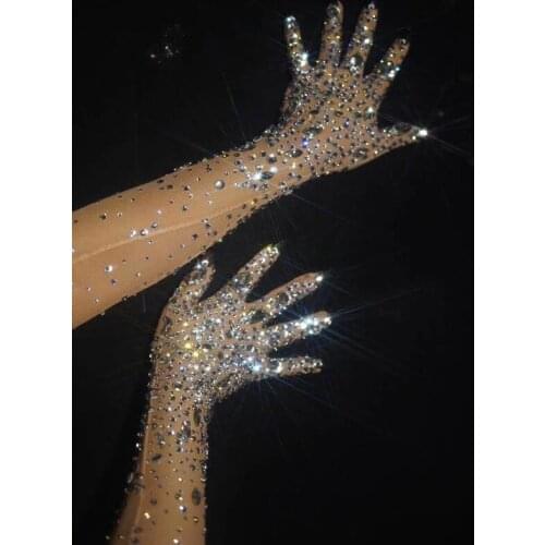 Sexy Stretch Rhinestone Gloves Women Sparkling Crystal Mesh Perspective Long Gloves Nightclub Dancer Singer Stage Accessories