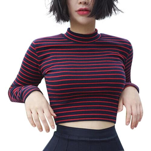 Cropped Bodycon Stripped Turtleneck T Shirt Long Sleeve Women Summer Streetwear Bustier Crop Top Shirt Slim Lady T-Shirt Fashion
