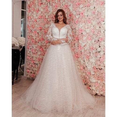 Vintage Long Sleeve V-Neck Lace Wedding Dresses A-Line Lace Up Back Tulle Court Train Robes De Mariée Bridal Gown For Women