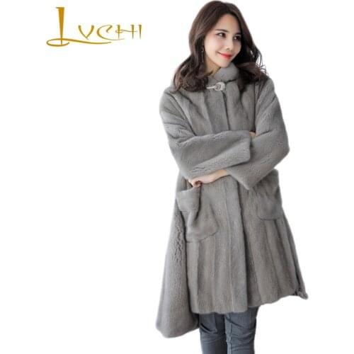 LVCHI Winter 2019 Import Swan Velvet 3 Color Office Lady Hat Real Mink Fur Coat Womens With Fur Hood X-Long Pocket Mink Coats