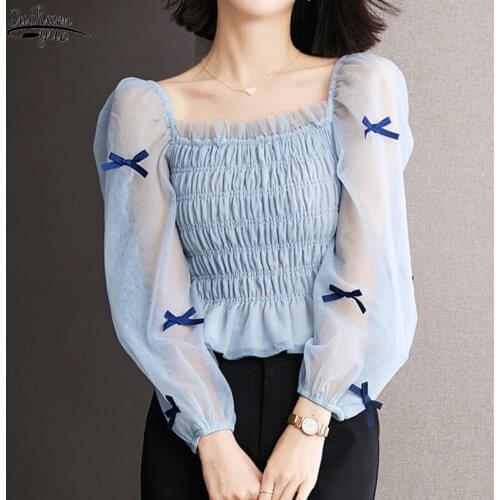 Fall Long Sleeve Fairy Mesh Lady Shirt Long Sleeve Square Neck Chiffon Blouse Women Elegant Casual Top Women Short Clothes 16209