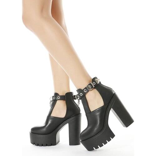 New sexy High heels Fashion Ankle Boots For Women High Heels Casual Cut-outs Buckle Round Toe Chain Thick Heels Platform Shoes